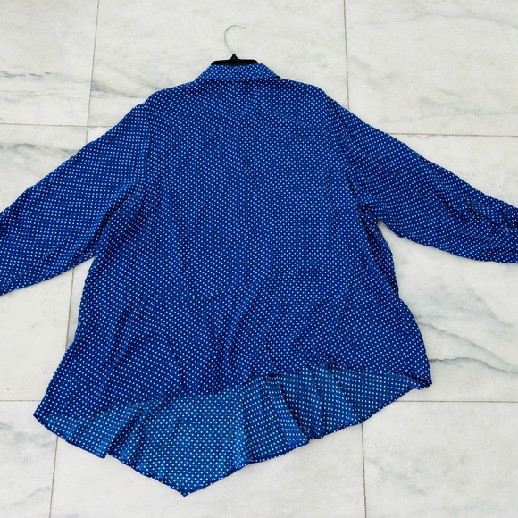 Como Vintage Button Up Top Polka Dot Blue White Asymmetrical Long Sleeve 2X Art - Picture 2 of 11